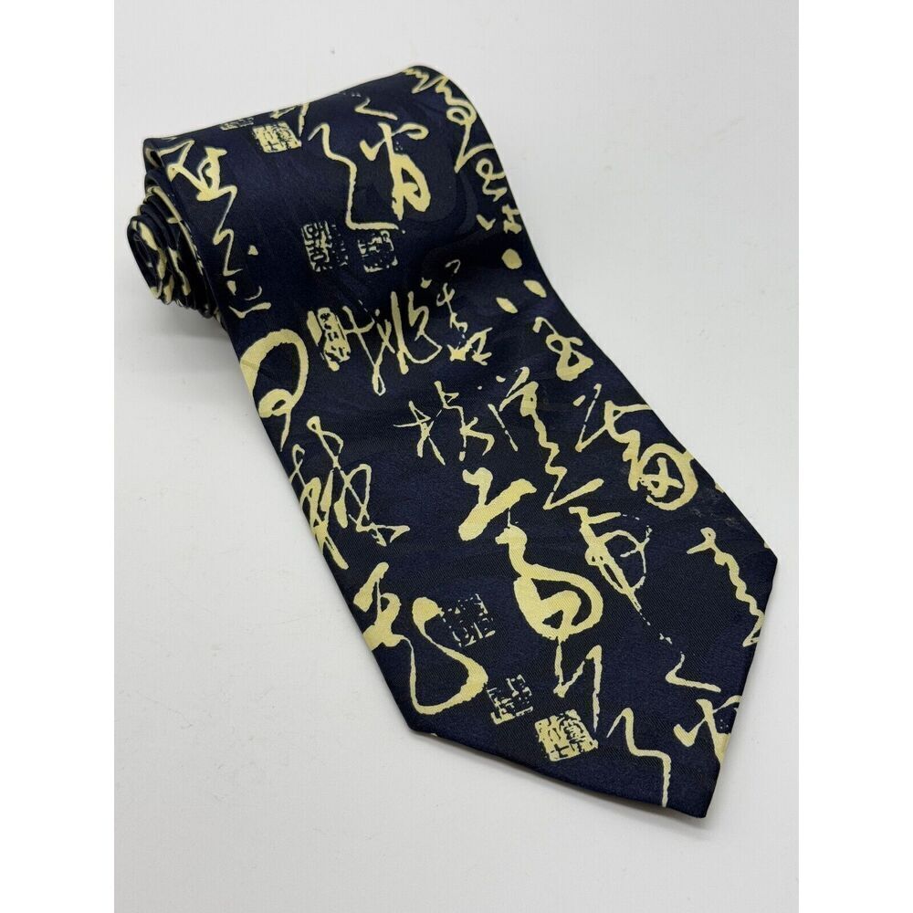 Kai Long Handmade 100 Silk Dark Blue Abstract Script Men's Neck‎ Tie